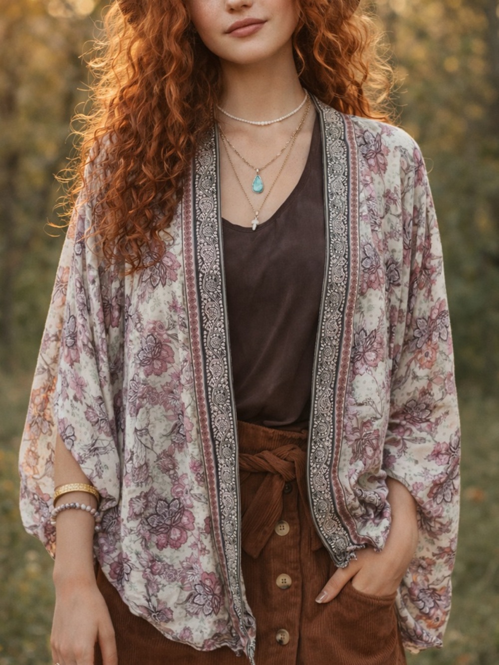 Mystree Floral Open-Front Kimono Sweater in Mauve and Cream